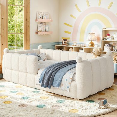 Pnronnc Kids Soft Upholstered Bed Frame Montessori Floor Bed with Full Safety Rails