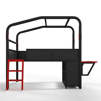 Pnronnc Low Storage Loft Bed Frame with Side Desk and LED Lights
