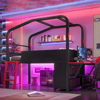 Pnronnc Low Storage Loft Bed Frame with Side Desk and LED Lights