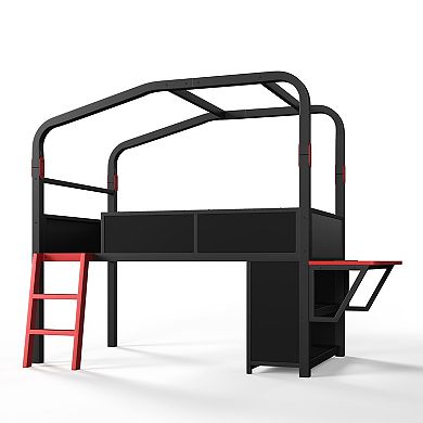 Pnronnc Low Storage Loft Bed Frame with Side Desk and LED Lights