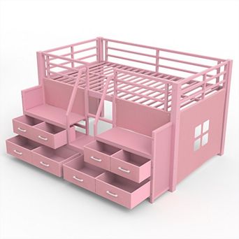 Pnronnc Low Loft Bed Kids Storage Bed Frame with Drawers and Lights