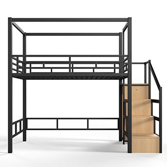 Pnronnc Kids Loft Bed Metal High Sleeper Frame with Storage Stairs and Canopy Frame