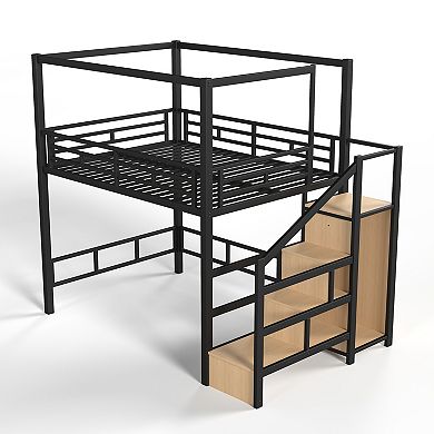 Pnronnc Kids Loft Bed Metal High Sleeper Frame with Storage Stairs and Canopy Frame