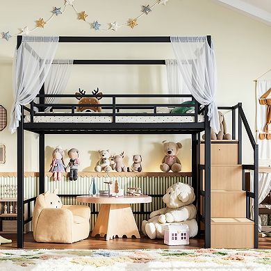 Pnronnc Kids Loft Bed Metal High Sleeper Frame with Storage Stairs and Canopy Frame