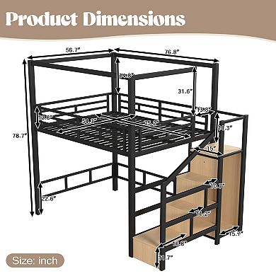 Pnronnc Kids Loft Bed Metal High Sleeper Frame with Storage Stairs and Canopy Frame
