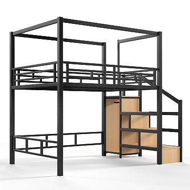 Pnronnc Kids Loft Bed Metal High Sleeper Frame with Storage Stairs and Canopy Frame