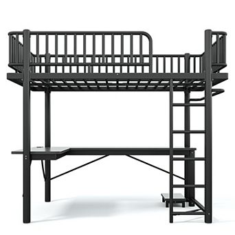Pnronnc Metal Loft Bed Frame with L-Shaped Desk and Hanging Clothes Rack