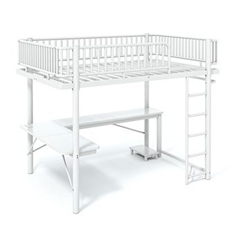 Pnronnc Metal Loft Bed Frame with L-Shaped Desk and Hanging Clothes Rack
