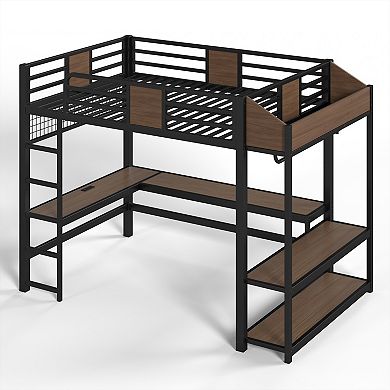 Pnronnc Metal Loft Bed Frame with L-Shaped Desk and LED Lights