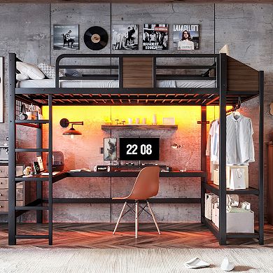Pnronnc Metal Loft Bed Frame with L-Shaped Desk and LED Lights