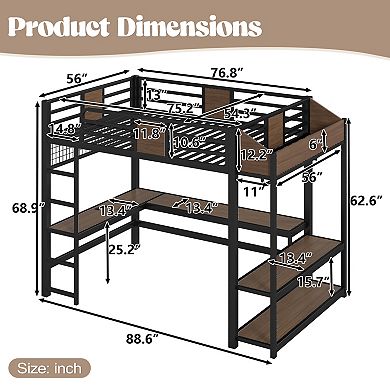 Pnronnc Metal Loft Bed Frame with L-Shaped Desk and LED Lights