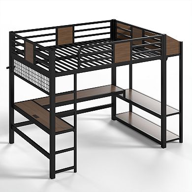 Pnronnc Metal Loft Bed Frame with L-Shaped Desk and LED Lights