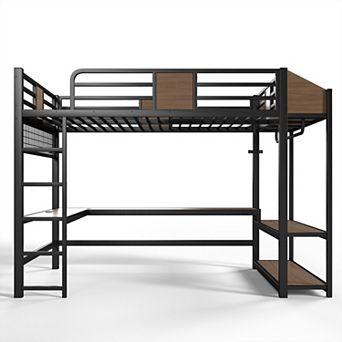 Pnronnc Metal Loft Bed Frame with L-Shaped Desk and LED Lights