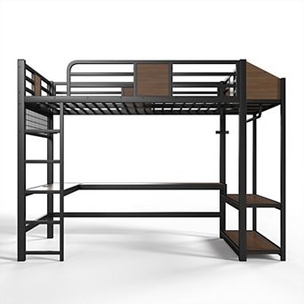 Pnronnc Metal Loft Bed Frame with L-Shaped Desk and LED Lights