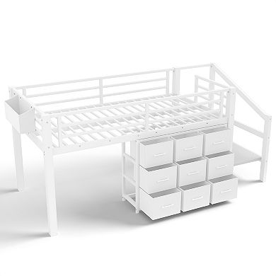 Pnronnc Twin Loft Bed Frame Low Storage Bed with Drawers and Lights