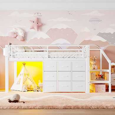 Pnronnc Twin Loft Bed Frame Low Storage Bed with Drawers and Lights