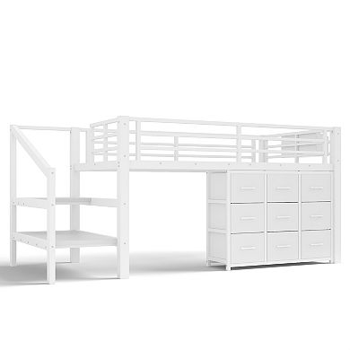 Pnronnc Twin Loft Bed Frame Low Storage Bed with Drawers and Lights