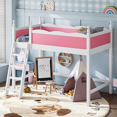 Pnronnc Wooden Loft Bed Frame with Full-Length Guardrails