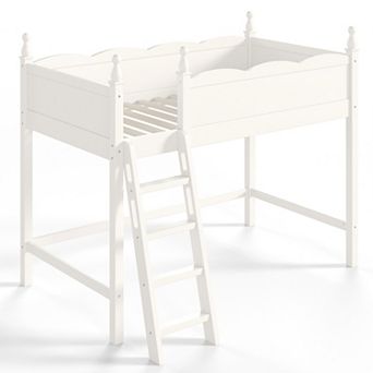 Pnronnc Wooden Loft Bed Frame with Full-Length Guardrails