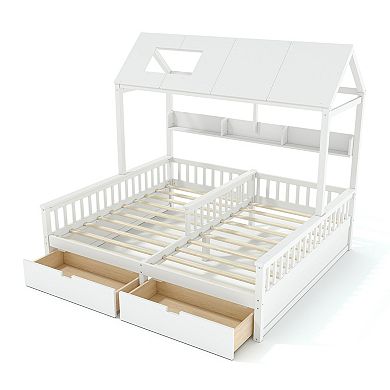 Pnronnc Double House Low-Profile Platform Bed Frame with Storage Shelves and Drawers