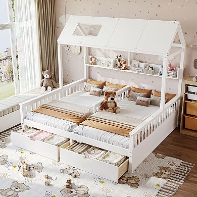 Pnronnc Double House Low-Profile Platform Bed Frame with Storage Shelves and Drawers