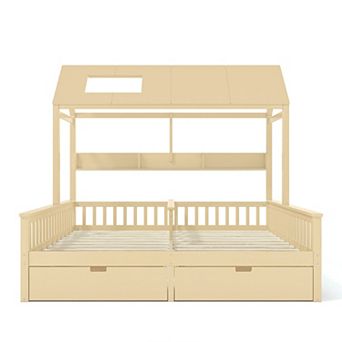 Pnronnc Double House Low-Profile Platform Bed Frame with Storage Shelves and Drawers