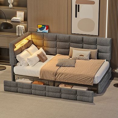Pnronnc Twin Sofa Bed Button Tufted Upholstered Daybed with Drawers LED Charging Station Headboard