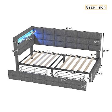 Pnronnc Twin Sofa Bed Button Tufted Upholstered Daybed with Drawers LED Charging Station Headboard