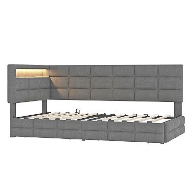 Pnronnc Twin Sofa Bed Button Tufted Upholstered Daybed with Drawers LED Charging Station Headboard