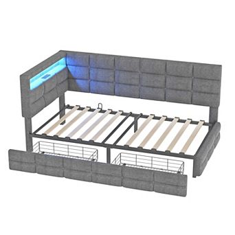 Pnronnc Twin Sofa Bed Button Tufted Upholstered Daybed with Drawers LED Charging Station Headboard