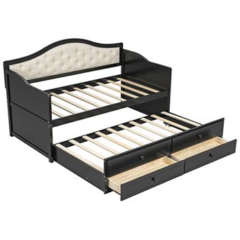Pnronnc Twin Wooden Daybed Upholstered Button Tufted Backrest Sofa Bed with Trundle and 2 Drawers