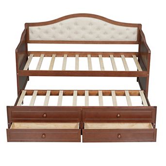 Pnronnc Twin Wooden Daybed Upholstered Button Tufted Backrest Sofa Bed with Trundle and 2 Drawers