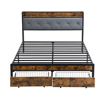 Pnronnc Metal Bed Frame with LED Charging Station Upholstered Headboard Under-Bed 2 Drawers