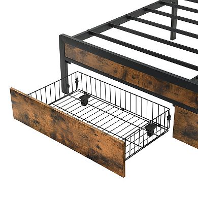 Pnronnc Metal Bed Frame with LED Charging Station Upholstered Headboard Under-Bed 2 Drawers