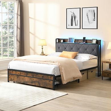 Pnronnc Metal Bed Frame with LED Charging Station Upholstered Headboard Under-Bed 2 Drawers