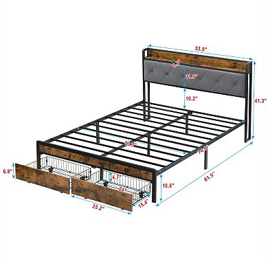 Pnronnc Metal Bed Frame with LED Charging Station Upholstered Headboard Under-Bed 2 Drawers