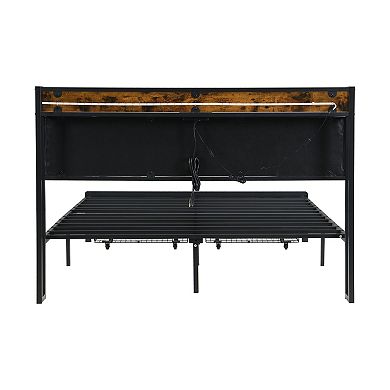 Pnronnc Metal Bed Frame with LED Charging Station Upholstered Headboard Under-Bed 2 Drawers