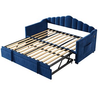 Pnronnc Twin Velvet Upholstered Daybed with Adjustable Pop Up Trundle Charging Ports 2 Side Pockets