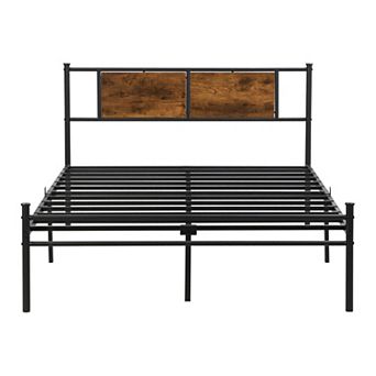 Pnronnc Metal Bed Frame Platform Bed with Wooden Headboard Under-Bed Storage