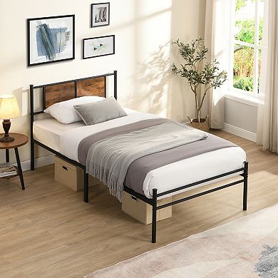 Pnronnc Metal Bed Frame Platform Bed with Wooden Headboard Under-Bed Storage