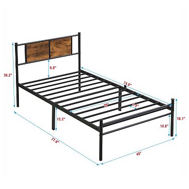Pnronnc Metal Bed Frame Platform Bed with Wooden Headboard Under-Bed Storage