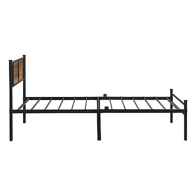 Pnronnc Metal Bed Frame Platform Bed with Wooden Headboard Under-Bed Storage
