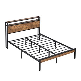 Pnronnc Metal Platform Bed Frame with Wooden Headboard Footboard Charging Station Storage Rack