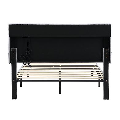 Pnronnc Linen Upholstered Platform Bed Frame with Charging Station Side Pockets Tufted Headboard