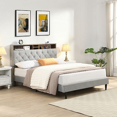 Pnronnc Linen Upholstered Platform Bed Frame with Charging Station Side Pockets Tufted Headboard