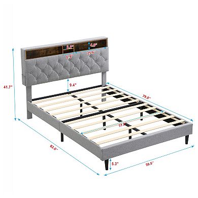 Pnronnc Linen Upholstered Platform Bed Frame with Charging Station Side Pockets Tufted Headboard