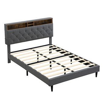 Pnronnc Linen Upholstered Platform Bed Frame with Charging Station Side Pockets Tufted Headboard