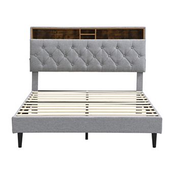 Pnronnc Linen Upholstered Platform Bed Frame with Charging Station Side Pockets Tufted Headboard