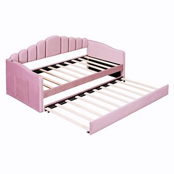 Pnronnc Twin Upholstered Daybed with Trundle USB Charging Ports Side Pockets, Velvet Sofa Bed Frame