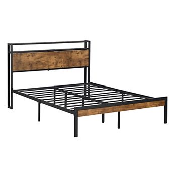 Pnronnc Queen Metal Platform Bed Frame with 2 Drawers Charging Station Wooden Storage Rack Headboard
